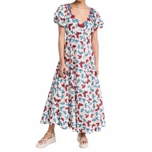THE GREAT. White Maxi Dress with Red & Blue Butterfly Print